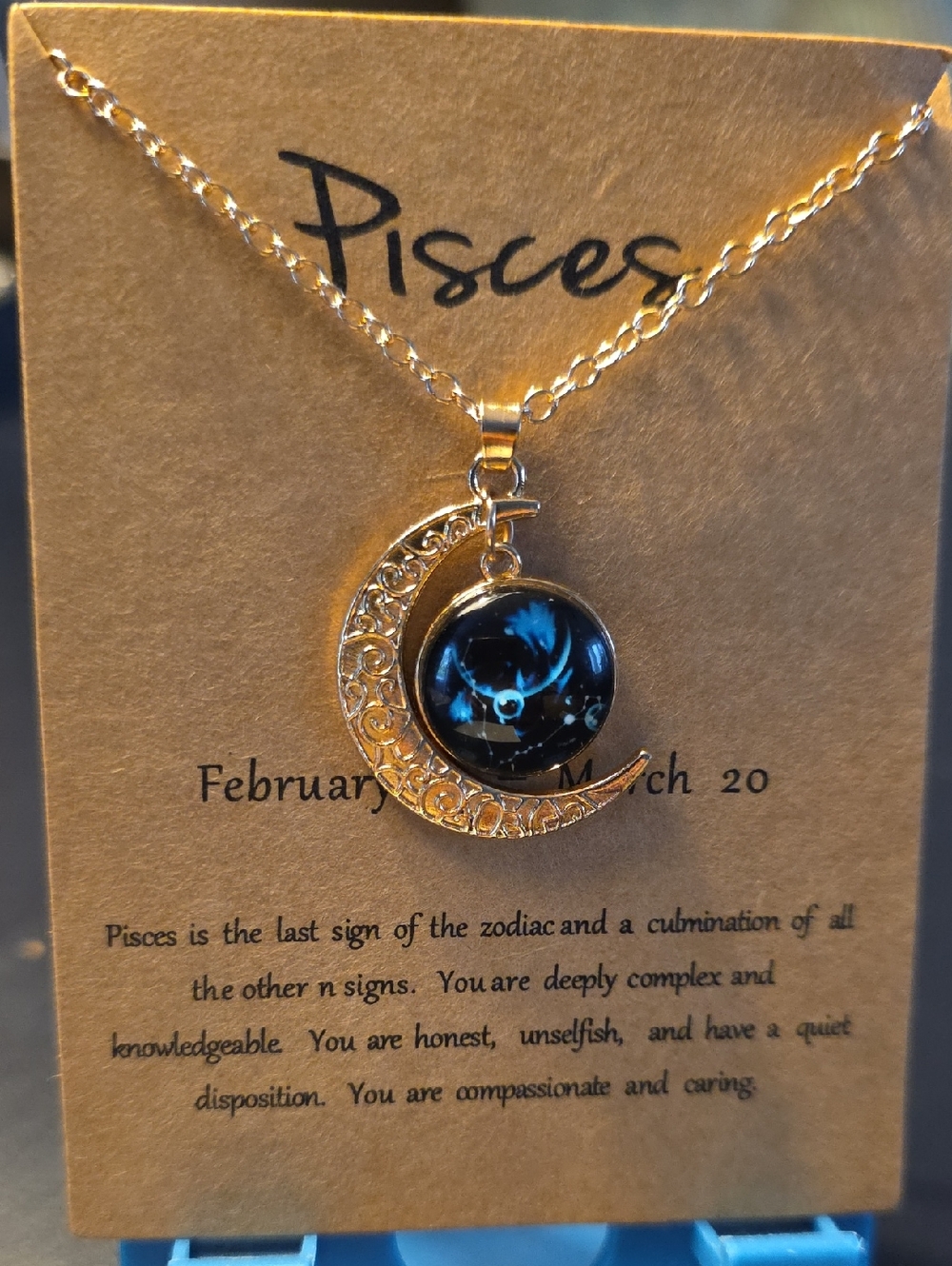 Pisces Gold Crescent Moon Necklace with Blue Zodiac Cabochon